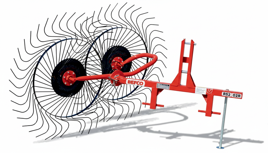 BEFCO RS2 Ground Driven Wheel Rake with red frame and two large raking wheels for 16-80 HP tractors.