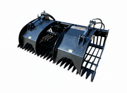 Heavy-duty skid steer grapple bucket with dual hydraulic cylinders, ideal for land clearing and material handling.