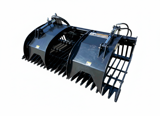 Heavy-duty skid steer grapple bucket with dual hydraulic cylinders, ideal for land clearing and material handling.