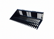 Skid Steer Rock Bucket Attachment with Grade 50 steel tines, quick attach frame, and powder-coated finish.