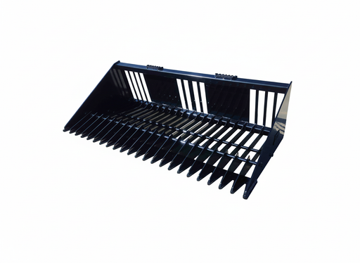 Skid Steer Rock Bucket Attachment with Grade 50 steel tines, quick attach frame, and powder-coated finish.