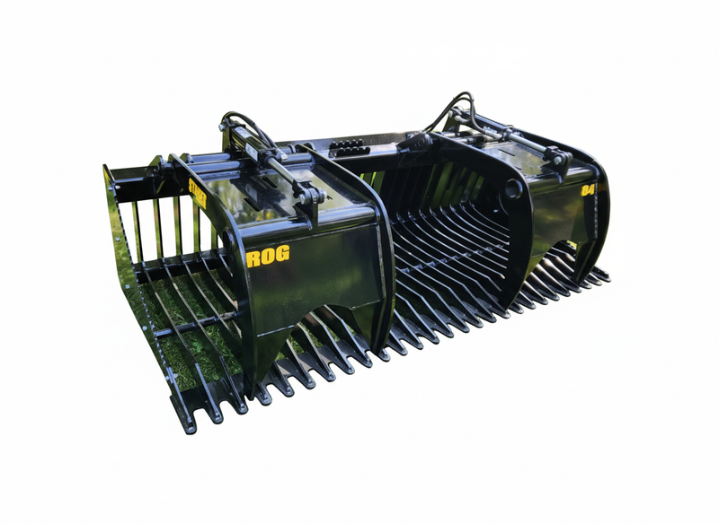 Open Sides Rock Grapple Bucket from Stinger Attachments in field