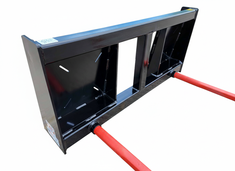 Close-up of EIP Bale Spear's black square tube steel frame and red SHW spears, highlighting reinforced welds.