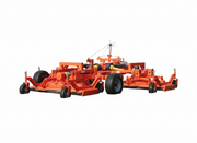 BEFCO CYCLONE FLEX gang finish mower with orange steel frame, designed for 25-80 HP tractors, showcasing its wide cutting decks.