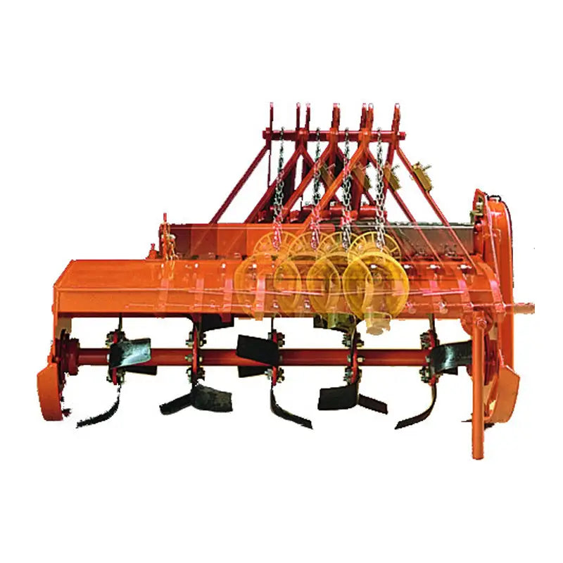 BEFCO TILL-RITE T60 rotary tiller side view, showing blade configuration and side-shift system, red