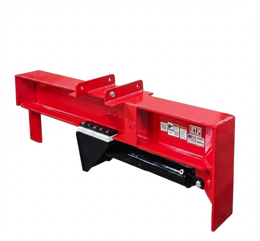 Red Skid Steer Log Splitter Attachment by EIP, featuring a robust hydraulic cylinder and 2-way wedge design.