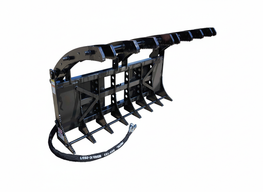 Skid Steer Root Rake Grapple with hydraulic brush attachment, featuring 3/8 inch steel tines and serrated jaws.
