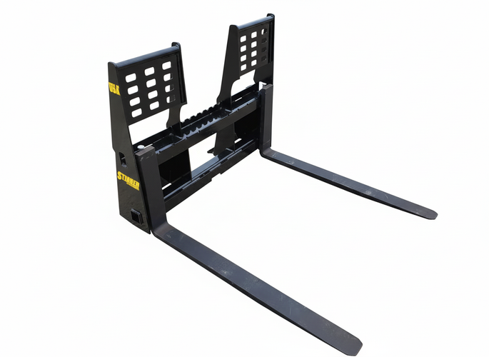 Stinger Attachments 48-inch skid steer pallet forks with walk-thru frame, heavy-duty design, black finish.