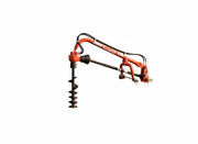 Side view of BEFCO MOLE post hole digger showing orange boom and black auger against white background.