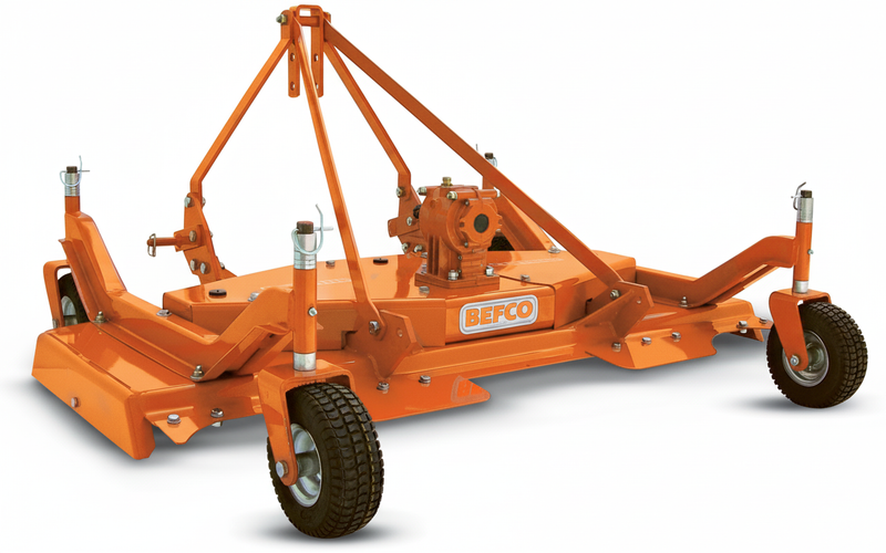 BEFCO CYCLONE C30 compact tractor finish mower with orange stamped steel frame and rubber swivel tires.