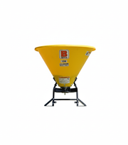 BEFCO Baby-Hop tow behind broadcast spreader with yellow polyethylene hopper, ideal for lawn tractors and ATVs