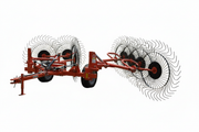 Side view of BEFCO V wheel hay rake with 10 wheels, showcasing ground-driven design and spring steel tines.