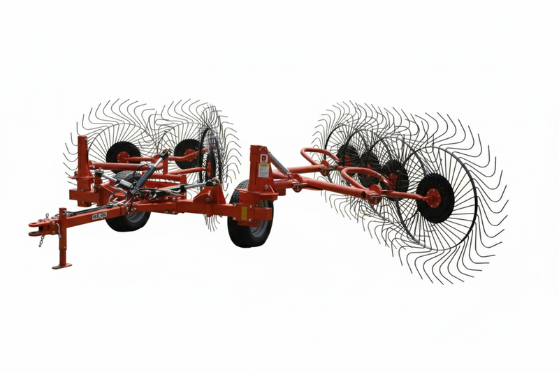 Side view of BEFCO V wheel hay rake with 10 wheels, showcasing ground-driven design and spring steel tines.