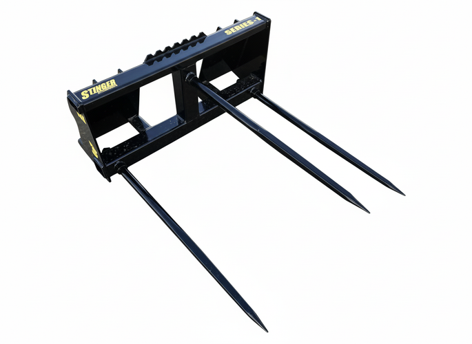 Stinger Attachments Tractor Three 49" Tines Bale Spear with triangular tine configuration for stability.