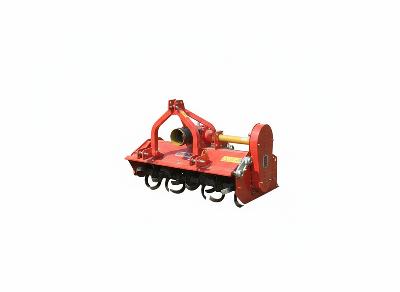 Red BEFCO flail mower with visible blades and hitch, designed for compact tractors, showcasing robust construction.