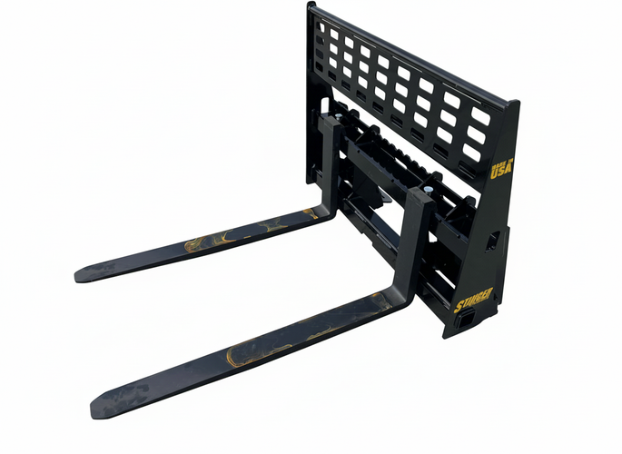 Heavy-duty 48-inch skid steer pallet forks with solid back frame, featuring durable steel construction.