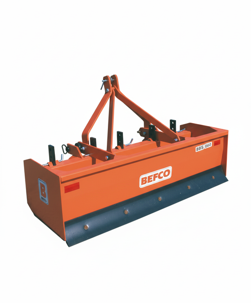 BEFCO BBS box blade attachment for compact tractors, featuring reinforced design and reversible blades.